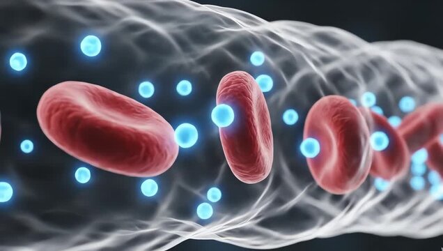 Oxygen molecules attaching to red blood cells inside transparent capillaries