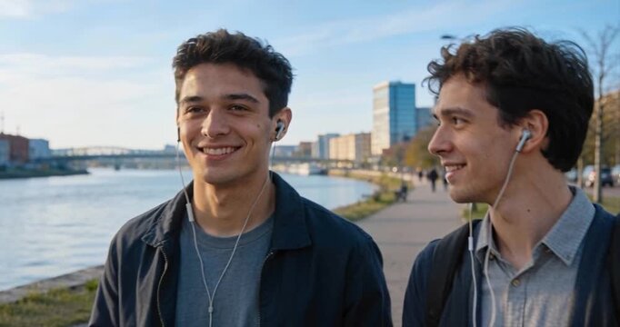 Two young men walking together by riverfront smiling with city background