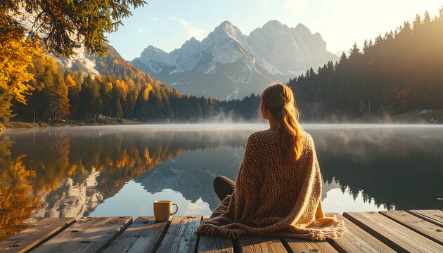 Young woman sitting peacefully beside a mountain lake creating a relaxed restful immersive serenity peaceful tranquil sunrise landscape photograph generative AI