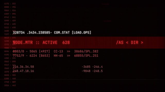 Red digital glitch terminal interface with scrolling code, cyber security hack, error signal loop, virus malware attack, distorted system data background 4k video