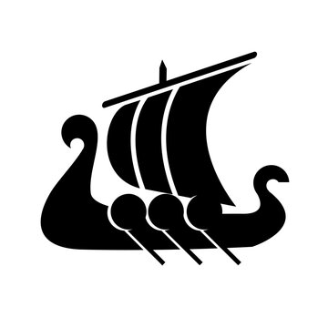 Viking Ship Icon Silhouette. Black Longship Graphic with Sail and Oars. Norse Culture Symbol.
