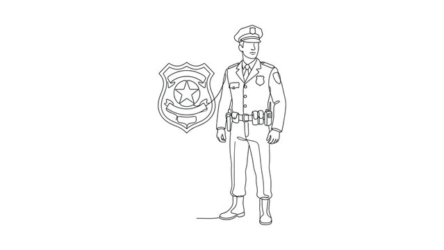 Black and white line art illustration of a standing police officer with a badge.