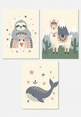 Fototapeta premium Set of Three Cute Nursery Art Prints Featuring Sloth with Rainbow, Llama in Mountains, and Whale with Stars for Kids Room Decor