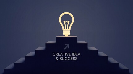 Glowing light bulb silhouette stands at the top of a dark staircase, symbolizing a breakthrough idea, creativity, and the path to success in a minimalist 3D render. Creative idea and success, concept © Volodymyr Shcherbak