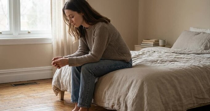 Woman sitting on bed day interior bedroom
