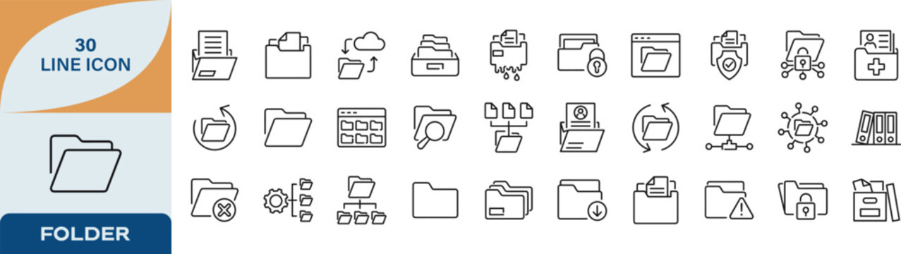 File folder and digital data management line icon set for office organization with document organization management business administration directory information computer paperwork assignment
