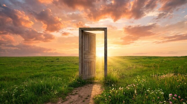 Open door with bright light in a green field under sunset clouds. Concept of opportunity, freedom, new beginning, and transition to a better future. Creative idea of hope, new opportunities