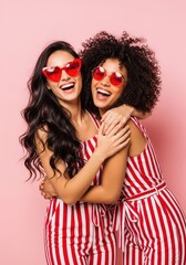Fototapeta premium Two Happy Diverse Young Women Hugging and Laughing in Red Striped Outfits and Sunglasses on Pink Background