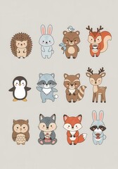 Obraz premium Cute Kawaii Woodland Animal Collection Vector Illustration Set with Fox, Bear, Rabbit, Owl, and Raccoon Characters