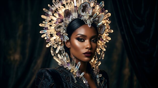 Stunning portrait of a high fashion model wearing an elaborate crystal headpiece that sparkles under dramatic studio lighting, showcasing avant-garde jewelry design and elegant makeup. Glamorous.