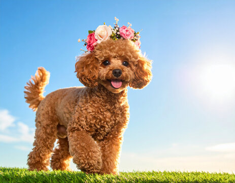 花かんむりをつけて笑顔で芝生をかけまわるかわいい茶色のトイプードル　ドッグモデル　犬