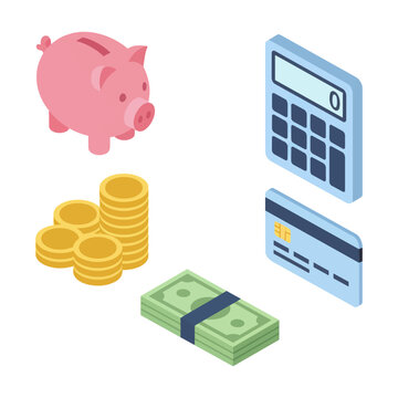 Isometric collection of financial icons including a piggy bank gold coins calculator credit card and cash isolated on a white background finance and savings concept