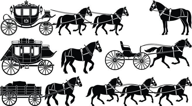 Vintage Horse Carriage Silhouette Set with Royal Chariot Stagecoach and Wagon Vector Graphic Illustrations