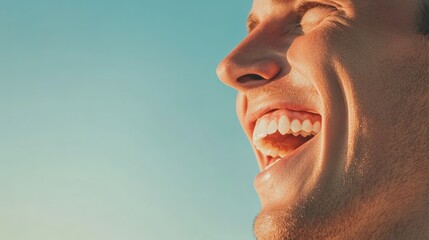 Fototapeta na wymiar Close up of a laughing man showcasing perfect teeth, highlighting dental health and cosmetic dentistry against a clear blue sky, emphasizing happiness and well being