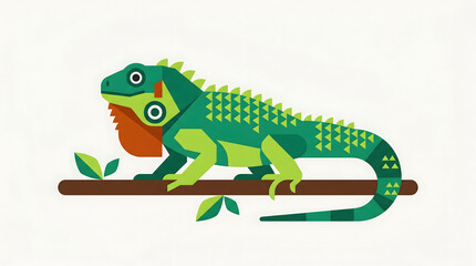 Obraz premium Detailed vector illustration of a vibrant green iguana resting peacefully on a sturdy brown tree branch featuring geometric patterns and bright colors in a clean modern flat graphic art style.
