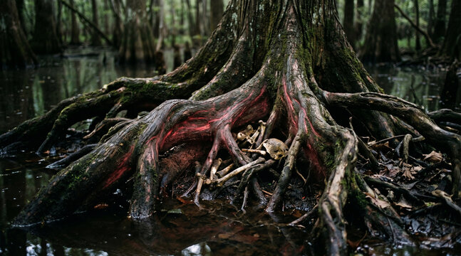 A tree with exposed roots and a skull in the base of the trunk in a swamp