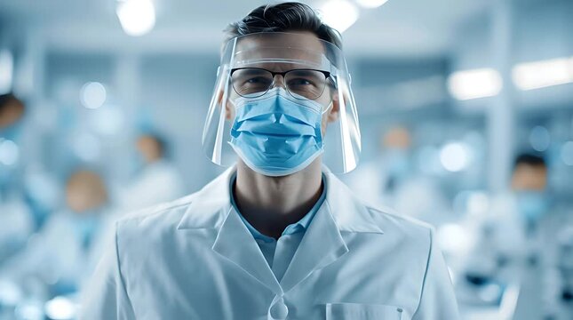A male scientist wearing a face mask and shield in a laboratory setting, looking directly at the camera.