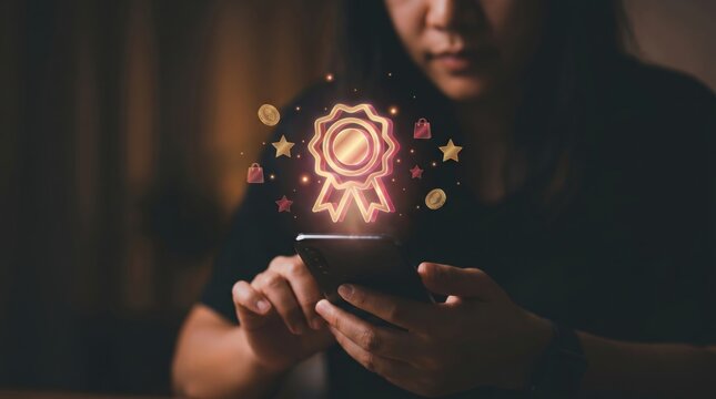 E-Commerce Rewards and Loyalty Concept: Luminous Holographic Gift Ribbon and Shopping Icons Floating Over Blurred Smartphone
