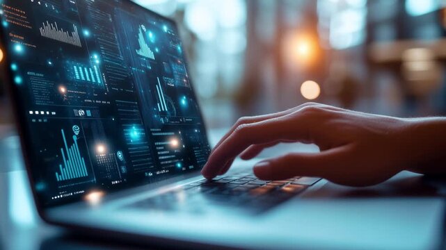 AI business analytics dashboard on laptop in modern office