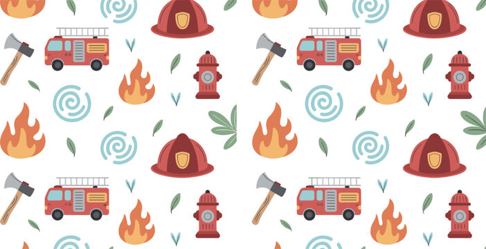 Seamless pattern with firefighting equipment including fire trucks, helmets, hydrants, axes, and flames in flat vector style