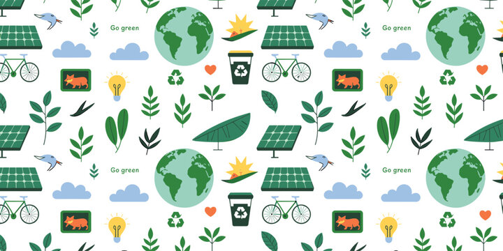 Eco-friendly seamless pattern with planet earth, solar panels, green plants, and sustainable living elements for environmental design projects