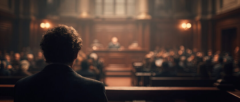 Rear view of a lawyer standing before a judge in a grand courtroom, facing an audience, under dramatic lighting. Ideal for legal, justice, or business themes.