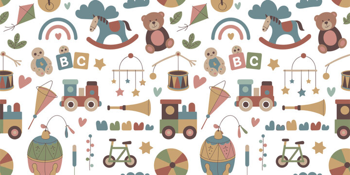 Cute seamless pattern featuring various baby toys, rocking horse, teddy bear, and playful childhood elements for kids' nursery decor