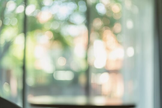 Abstract blur interior coffee shop or cafe for background. Blur restaurant interior banner. Hospital and clinic blurry with bokeh. Blurred windows green on garden outdoor and view of light living room