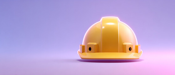 Fototapeta premium Front view of a yellow construction hard hat on a purple gradient background, symbolizing safety and industrial work.