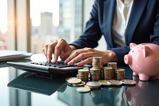 Businessperson's Hand Using Calculator Surrounded by Stacks of Coins and Piggy Bank on Modern Glass Desk with City Skyline Reflection