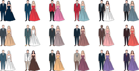 Vector illustration set of cartoon couples wearing elegant suits and colorful formal evening gowns for prom wedding gala event © MdLabib