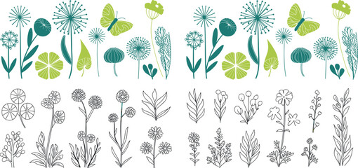 Set of hand drawn floral elements wildflower silhouettes and outline  twigs for spring pattern greeting card design © MdLabib