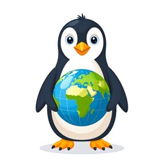 Fototapeta premium Cartoon penguin holding the Earth globe.