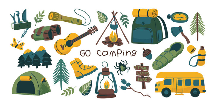 Camping equipment icons set for outdoor adventure and hiking with camping gear outdoor life trip adventure backpack equipment vacation recreation campfire mountains explorer