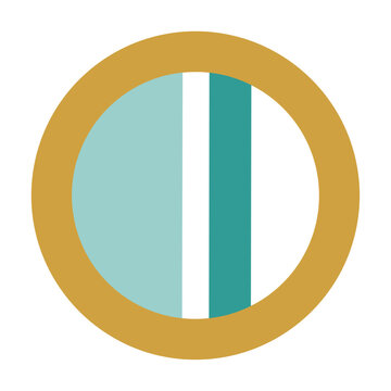 Geometric abstract teal and gold symbol featuring a ring and parallel bars, representing a modern monetary token or digital currency concept