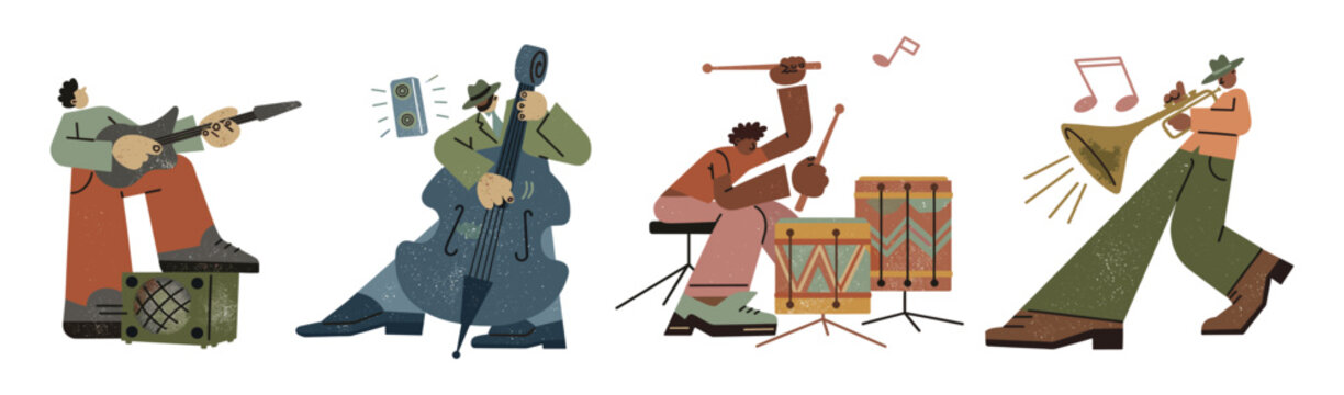 Jazz band playing music in an artistic stylized illustration musicians illustration artistic stylized guitarist trumpeter performance ensemble entertainment instrument creative abstract