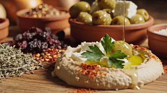 Assortment of Spices and Mediterranean Ingredients on Wooden Table.