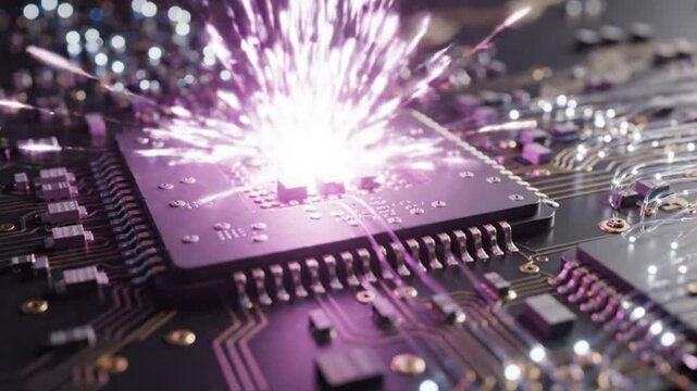 Computer Chip Explosion, Circuit Board Sparks, Digital Technology Data Burst