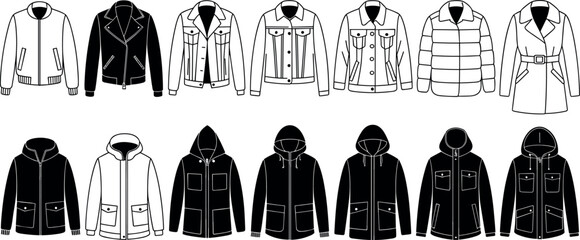 Set of men autumn and winter jacket icons bomber leather coat puffer and hoodie outlines for outerwear fashion design © MdLabib