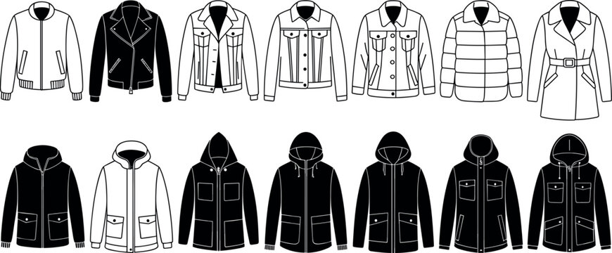 Set of men autumn and winter jacket icons bomber leather coat puffer and hoodie outlines for outerwear fashion design
