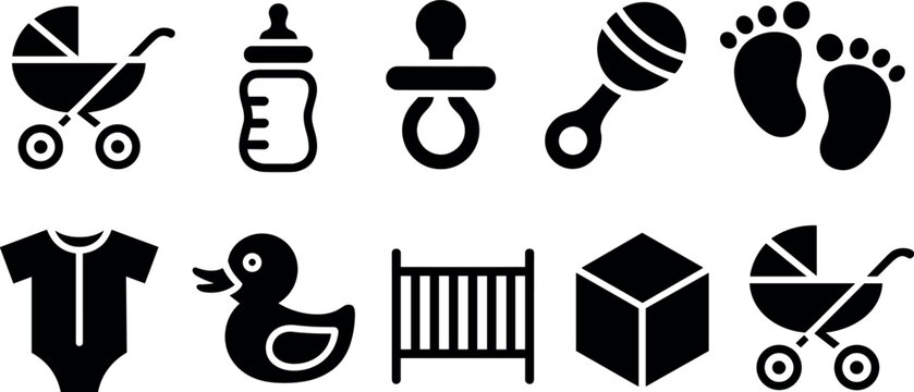 Baby care and newborn vector icon set featuring stroller feeding bottle pacifier rattle footprint bodysuit duck crib cube