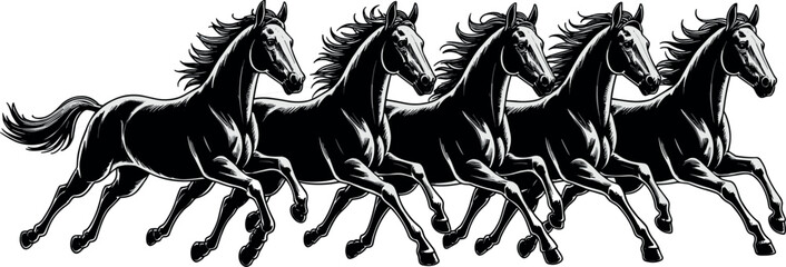 Beautiful black and white vector silhouette illustration of a herd of five wild stallions running fast across field © MdLabib