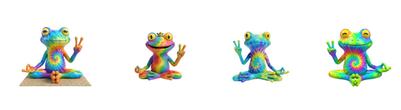 Tie dye pattern frogs meditating in lotus pose isolated on transparent background