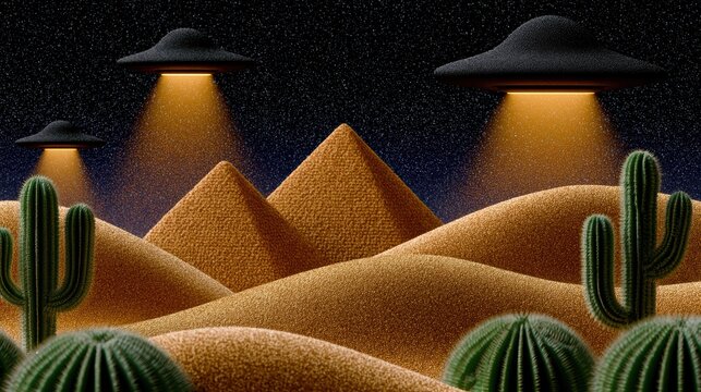desert ufo exploration, ufo silhouettes repeat over desert scenes, pyramids, cacti, and night skies with glowing beams features a cinematic conspiracy feel with analog film grain, warm earthy tones