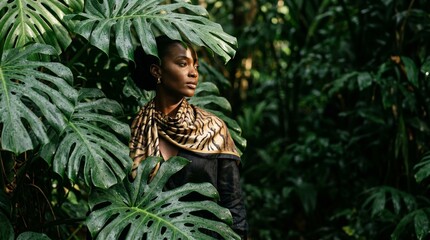 Obraz premium Woman in Tropical Foliage Wearing Tiger Inspired Fashion for Elegant Wildlife Style Concept