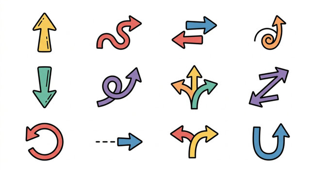 Collection of Hand Drawn Arrows in Various Styles and Directions.