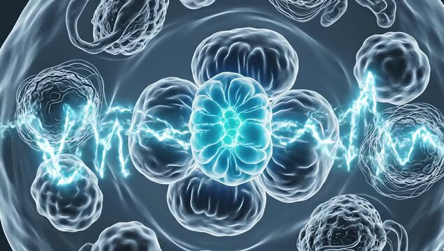 Mitochondria activated by oxygen inside a transparent human cell, glowing energy pulses spreading through organic cellular structures