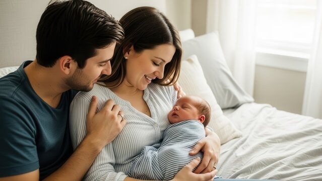 Loving couple gazes at their sleeping swaddled infant while sitting on a cozy bed Wallpaper Background image