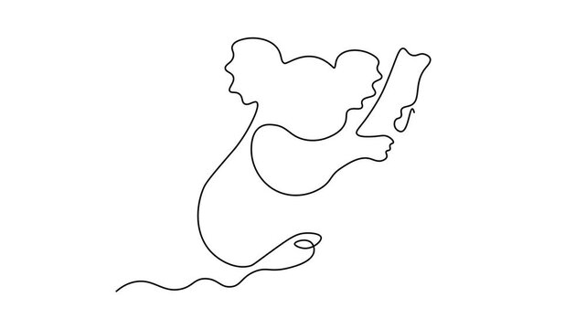koala sitting on a tree branch, Self drawing animation one continuous line draw, logo on white background