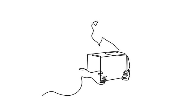 a delivery man in a cap holding a cardboard box, Self drawing animation one continuous line draw, logo on white background